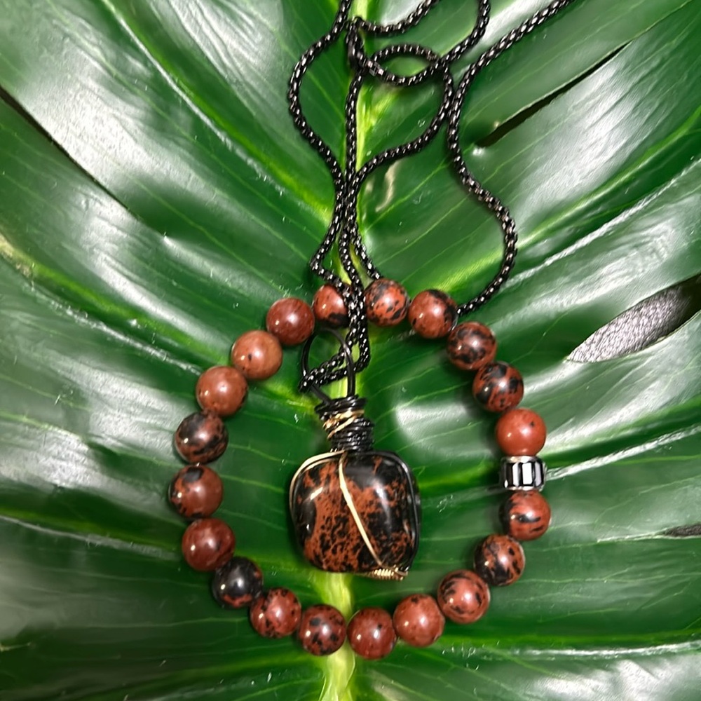 MAHOGANY OBSIDIAN artisan made black gold wrap bracelet & necklace stainless set